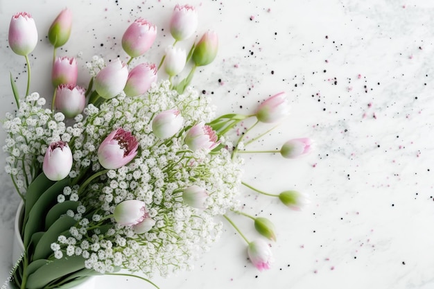 Ramo de tulipanes rosas y gypsophila sobre una mesa blanca