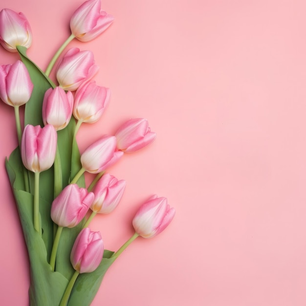 Un ramo de tulipanes rosas sobre un fondo rosa con la palabra tulipanes.