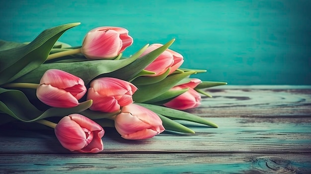 Un ramo de tulipanes rosas sobre una mesa de madera
