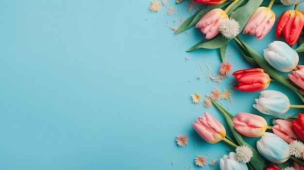 Un ramo de tulipanes sobre un fondo azul.