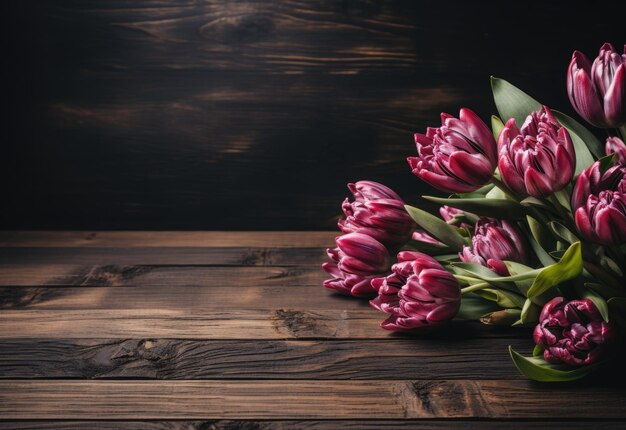 Ramo de tulipanes sobre un fondo de madera con tonos