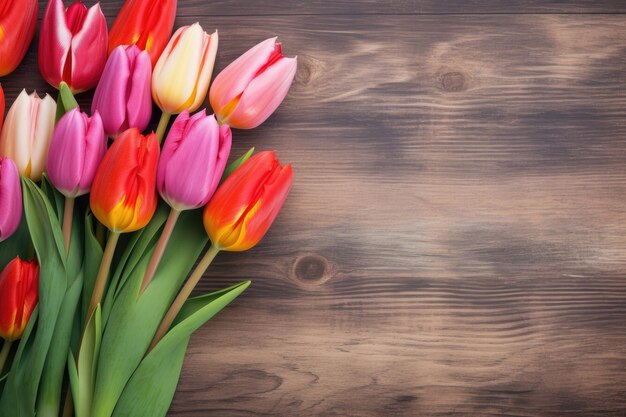 Ramo de tulipanes sobre fondo de madera Vista superior con espacio para copiar