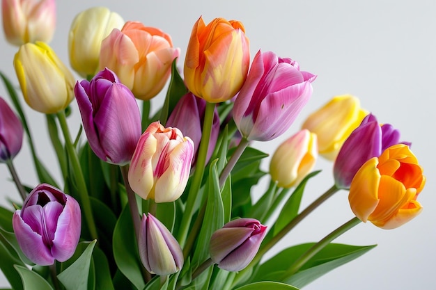 Un ramo de tulipanes vibrantes sobre un fondo blanco