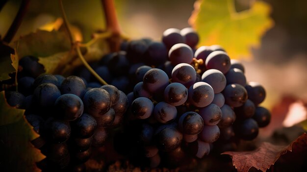 Ramo de uvas colgando de una rama de un árbol en un viñedo al atardecer IA generativa