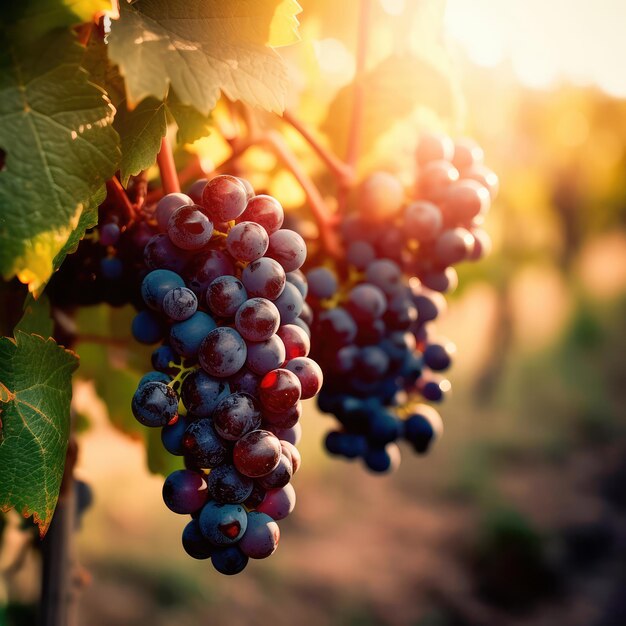 Ramo de uvas colgando de una rama de un árbol en un viñedo al atardecer IA generativa