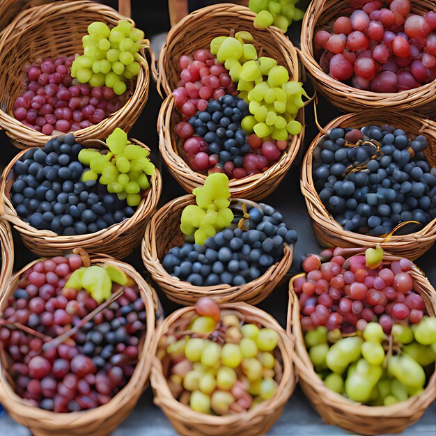 Foto un ramo de uvas están en cestas en una mesa