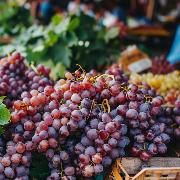 un ramo de uvas están en una mesa con otras frutas