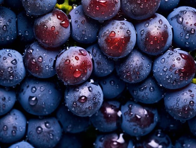 un ramo de uvas con gotas de agua en ellas