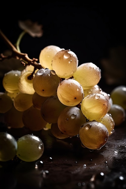 Un ramo de uvas con gotas de agua en ellas