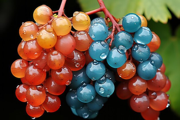 un ramo de uvas con gotas de agua en ellas