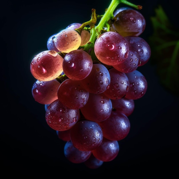 Ramo de uvas con gotas de agua en fondo negro