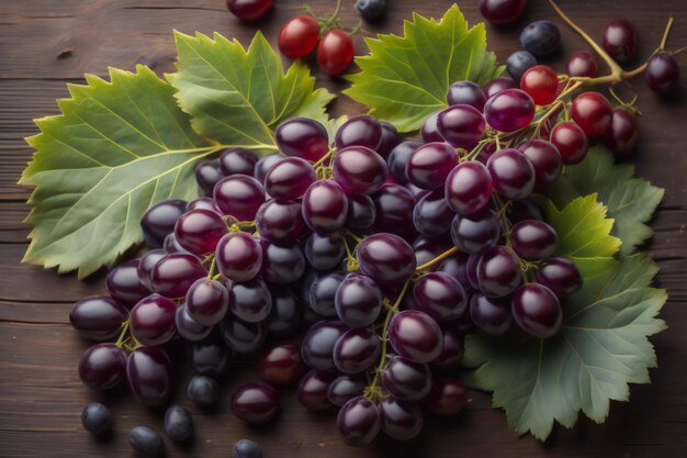 Ramo de uvas negras con hojas en fondo de madera Vista superior ai generada