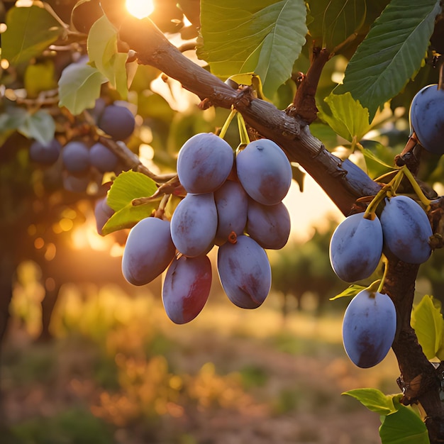 un ramo de uvas púrpuras colgando de un árbol con el sol brillando a través de las hojas