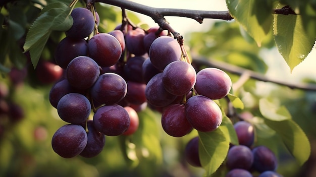 Foto un ramo de uvas púrpuras colgando de un árbol