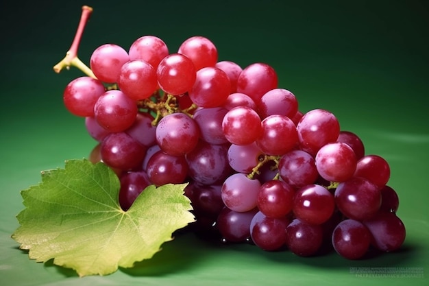 Ramo de uvas rojas en un fondo oscuro con hojas verdes