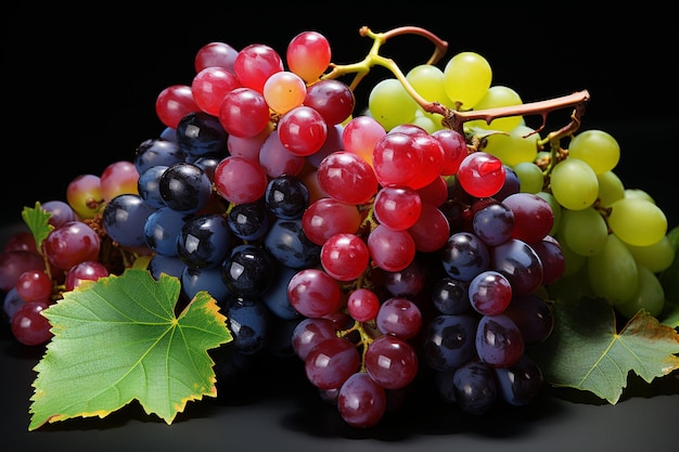 Ramo de uvas rojas y negras con hojas verdes sobre un fondo negro