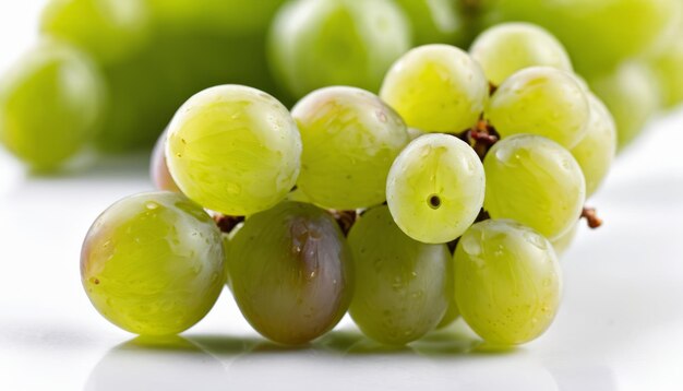 Un ramo de uvas verdes en una mesa blanca