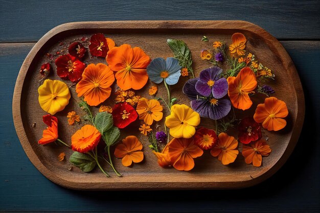 Un ramo vibrante de flores comestibles como capuchinas y caléndula dispuestas en una bandeja de madera rústica