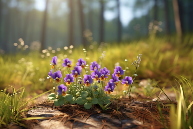 Un ramo de violetas en un prado con un bosque vacío