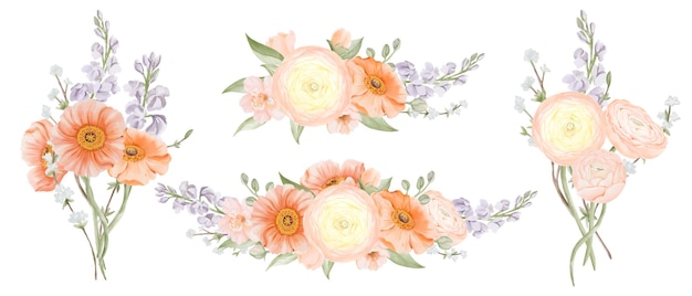 Ramos de amapola ranunculus freesia de Islandia y melocotón o cereza juego de acuarela dibujado a mano