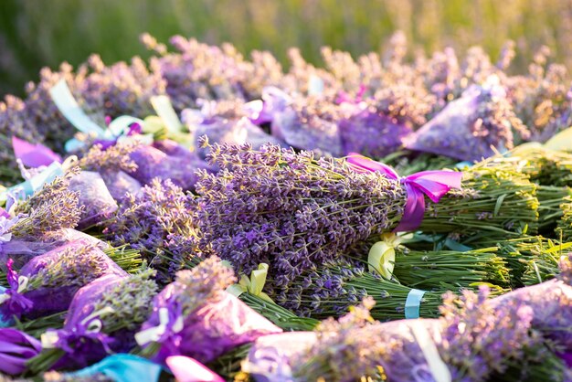 Ramos y bolsitas de lavanda fresca atadas con cintas de color lila sobre la mesa Cosecha estacional de plantas perfumadas hermosas flores día soleado