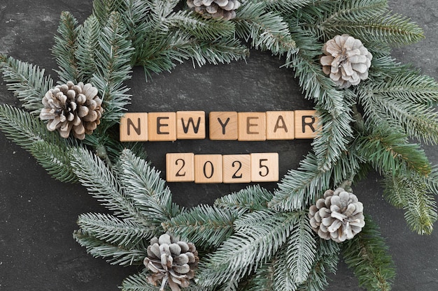 Ramos de abeto com bolotas numa superfície branca Ano novo 2025