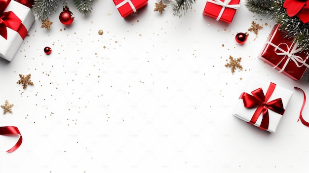 ramos de abeto de Natal caixas de presente com fita vermelha decoração vermelha brilhantes e confeti