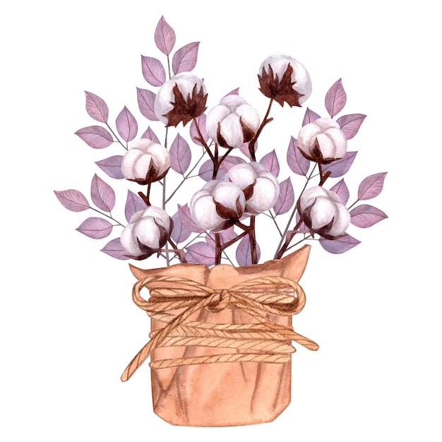 Ramos de algodão abstraem folhas lilás em uma cesta de artesanato Ilustração em aquarela desenhada à mão isolada
