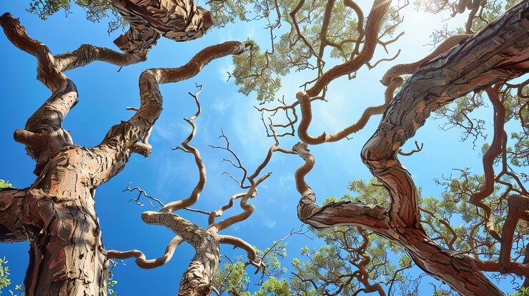 Foto ramos de árvores torcidos alcançando um céu azul brilhante