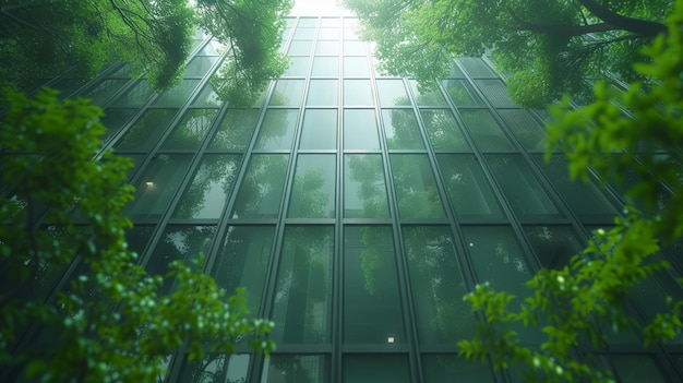 Ramos de árvores verdes com folhas e um edifício de vidro sustentável na cidade moderna Go green conceito para um prédio de escritórios com um ambiente verde