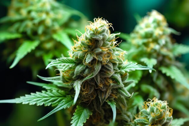 Ramos de cannabis com um close-up de uma planta de maconha medicinal generativa ai