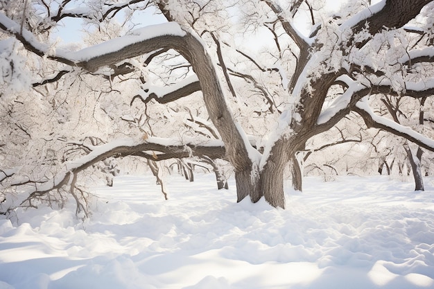 Ramos de carvalho cobertos de neve