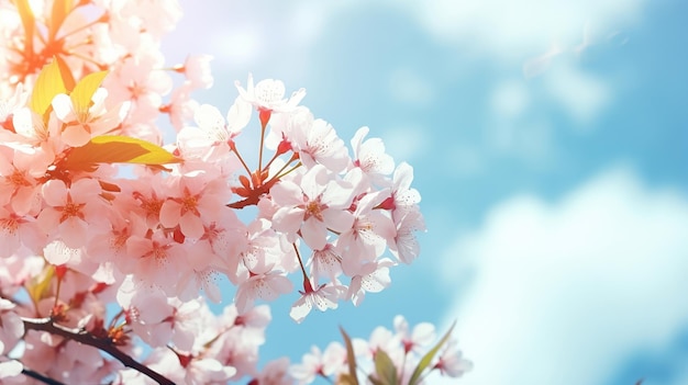 Ramos de cereja em flor macro com foco suave no fundo do céu azul claro suave à luz do sol