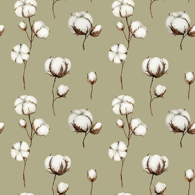 Ramos de flores de algodão aquarela sem costura padrão Botânico desenhado à mão ilustração de produto Eco
