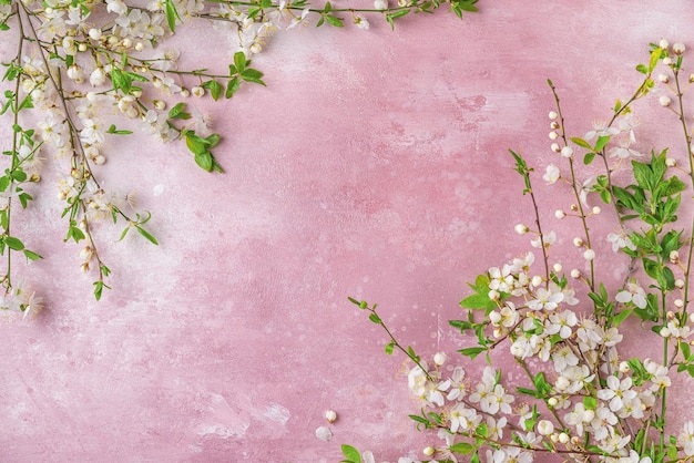 Ramos de flores de primavera em flor de cerejeira em fundo rosa pastel Plano de fundo de primavera Vista superior