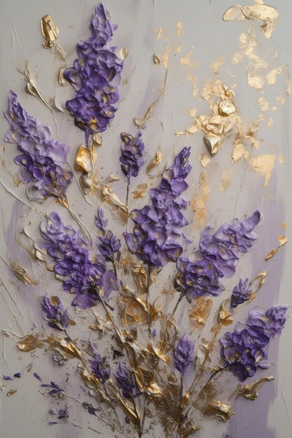 Ramos de lavanda AI generativos pintura a óleo desenhada à mão com folhas douradas sobre fundo branco