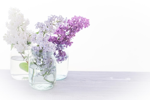 Ramos de lilás multicoloridos florescendo em potes de vidro na mesa de madeira branca