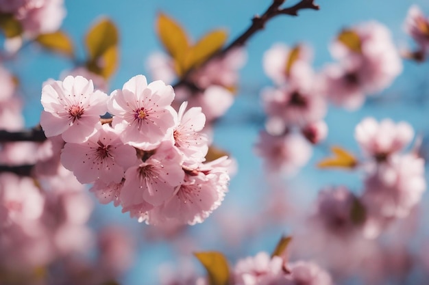 Ramos de macro sakura rosa florescente com foco suave sobre fundo suave de céu azul claro