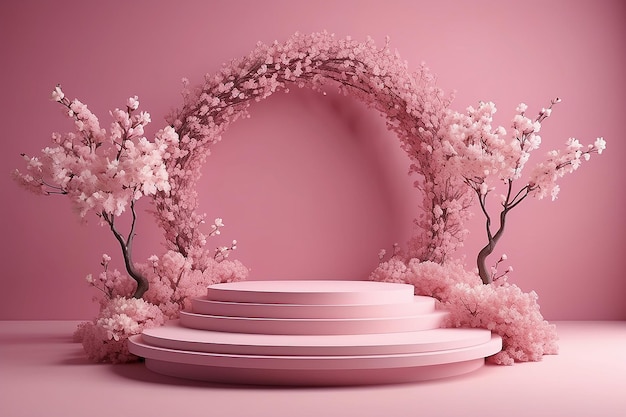 Ramos de magnólia flor de árvore de primavera e renderização de cena rosa 3D com pódio