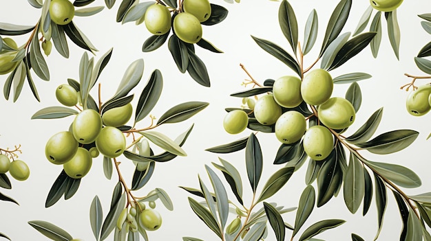 Ramos de oliveira e frutas Aquarela em branco