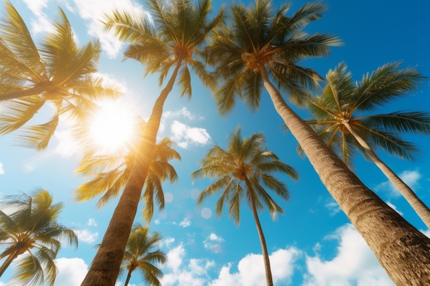 Ramos de palmeiras sobre um fundo tropical de céu azul com copyspace e moldura AI gerativa