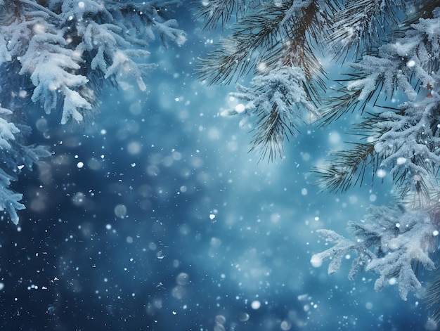 Ramos de pinheiro em fundo de inverno com flocos de neve caindo