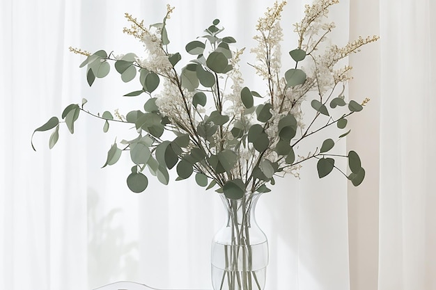 Foto ramos finos de plantas verdes com flores em vaso