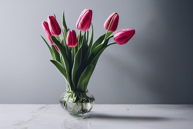 Ramos de flores de tulipán de pie en un jarrón sobre la mesa sobre fondo gris