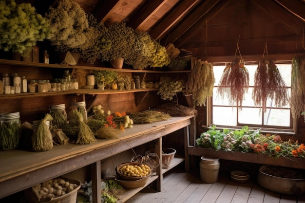 Ramos de hierbas secas en un acogedor interior de cobertizo creado con ai generativo
