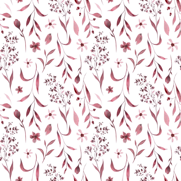 Foto ramos monocromáticos de borgoinha com folhas, botões e flores padrão sem costura em fundo branco ilustração de aquarela desenhada à mão para tecidos de design, têxteis, estampas de papel de parede, papel de embrulho