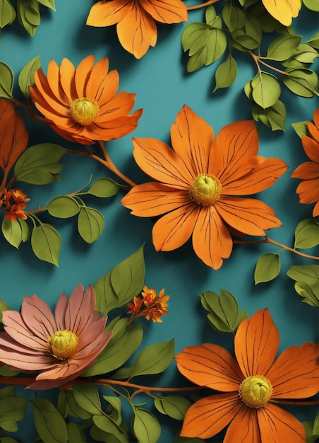 Ramos pendurados na parede folhas de padrão sem costura caem com flores de cores brilhantes ilustração de fundo
