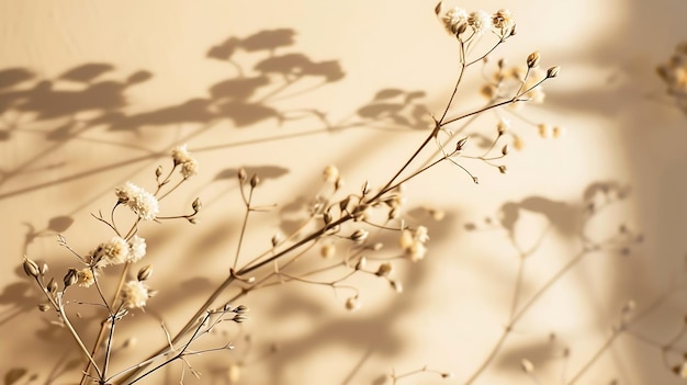 Ramos secos de plantas e sombras de luz solar em fundo bege Cartão floral mínimo Post Generative AI