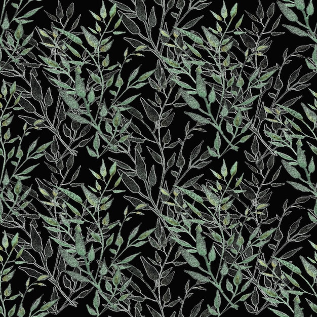 Ramos verdes em fundo preto padrão geométrico sem costura 02