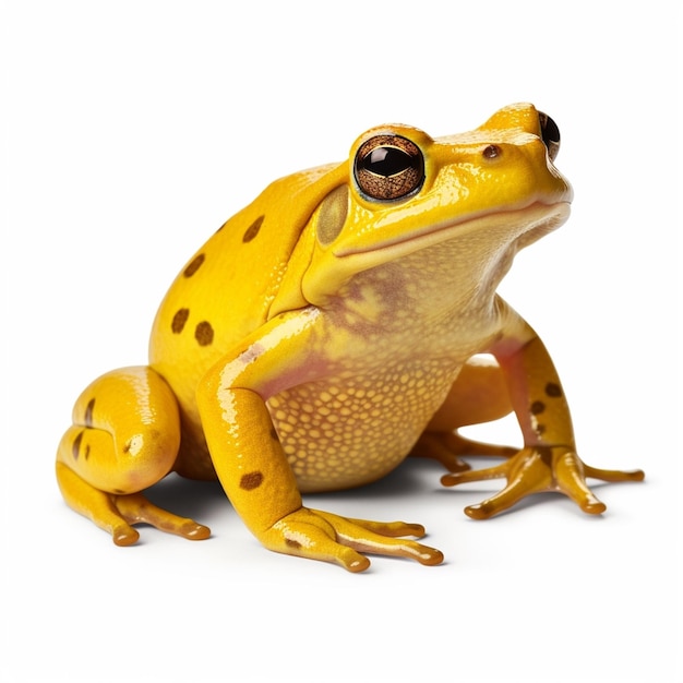 Una rana amarilla con un ojo negro y una mancha negra en el vientre se sienta sobre un fondo blanco.